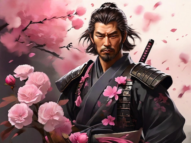 A digital painting of a samurai with pink flowers on the background