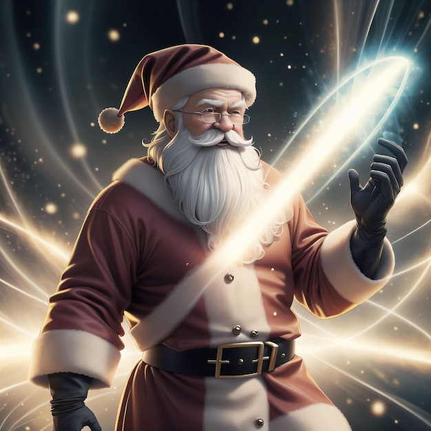 A digital painting of santa claus with a blue light in the background