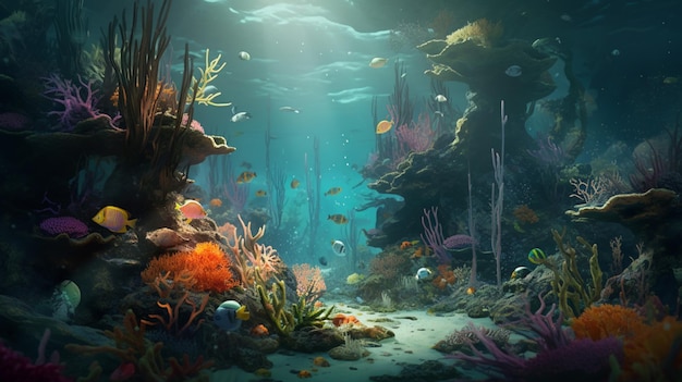 A digital painting of a sea scene with a blue sea and a coral reef.