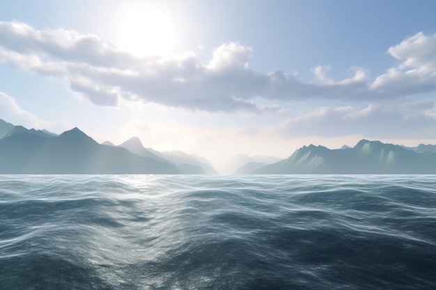 A digital painting of a sea with mountains in the background.