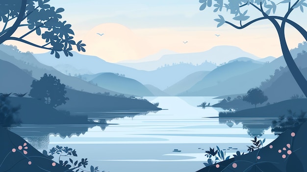 A digital painting of a serene lake in a mountain valley