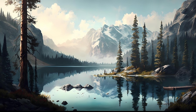 Digital painting of a serene lake surrounded by mountains