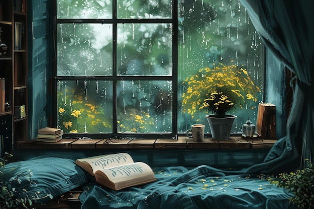 A digital painting of a serene reading spot by a window during a rainstorm