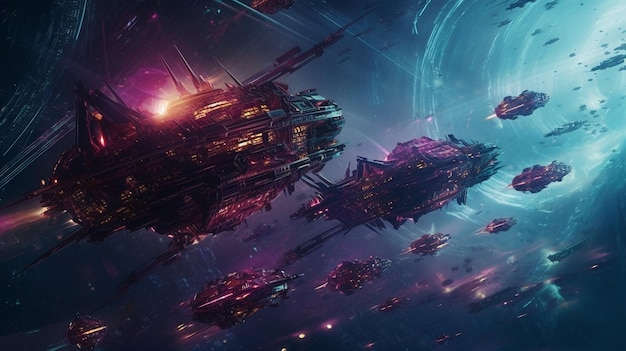 A digital painting of ships in purple and purple with the words space ship in the background.