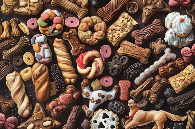 Photo a digital painting showcasing a variety of cookies and pastries in intricate detail a detailed digital painting of a variety of dog treats