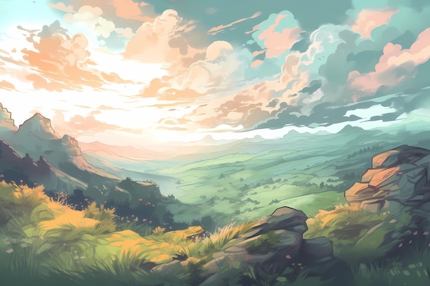 A digital painting shows a sky landscape with beautiful clouds Generative AI