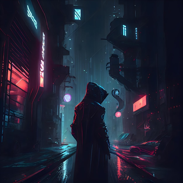 Digital painting of a silhouette of a girl in a raincoat standing in the middle of a dark street at night