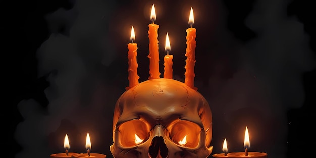 Photo digital painting of a skull with a burning candle on top