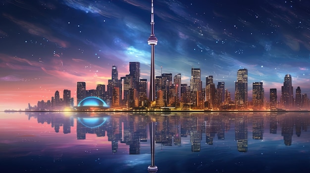 a digital painting of a skyline with a reflection of the city skyline in the water.