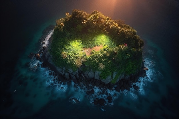 Photo a digital painting of a small island with a green island with a light in the middle of it.