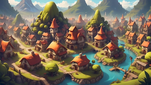 a digital painting of a small village with mountains in the background