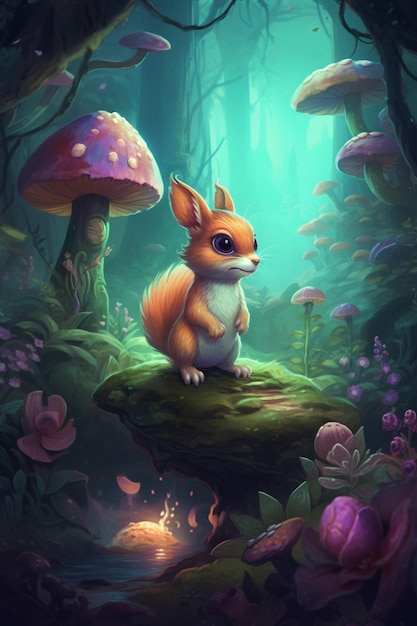 A digital painting of a squirrel in a forest