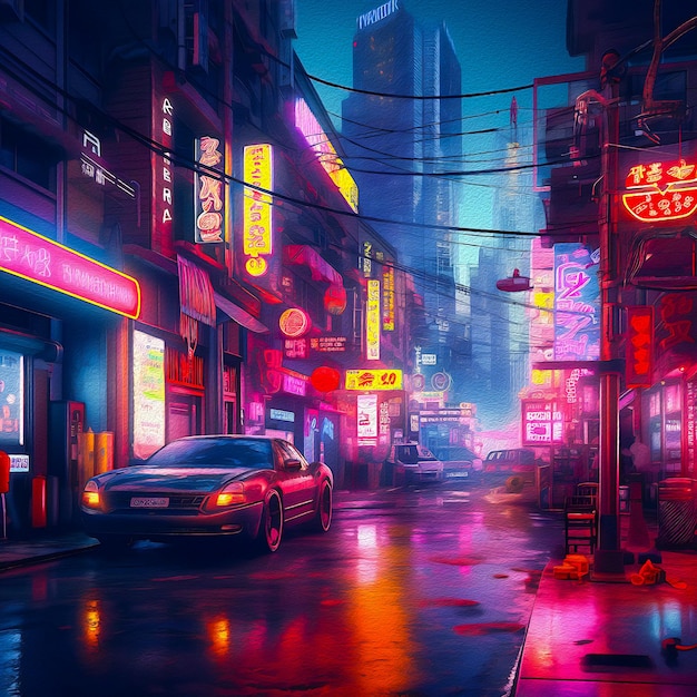 A digital painting of a street scene in a cyberpunk style.