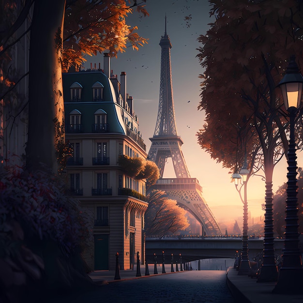 A digital painting of a street scene with eiffel tower in the background.