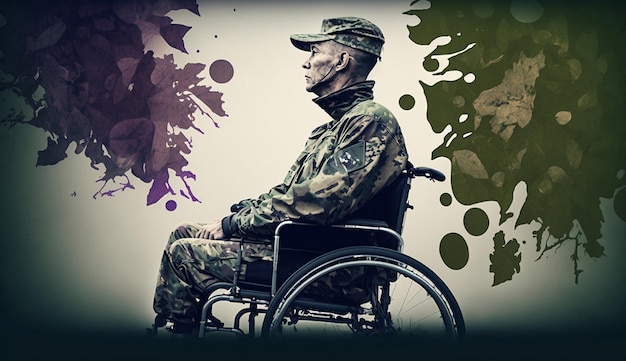 Digital painting style illustration of a disabled veteran in a wheelchair