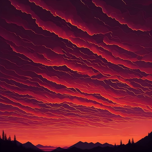 A digital painting of a sunset with a mountain range in the background.