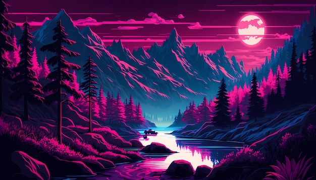 digital painting of synthwave retrowave landscape sunset