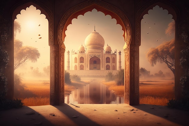 A digital painting of a taj mahal with a pond in the foreground