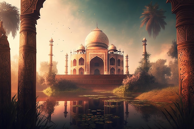 A digital painting of a taj mahal with a pond in the foreground.