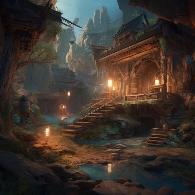 A digital painting of a temple in a cave with a lantern on the ground.