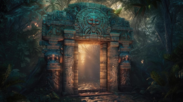 A digital painting of a temple in the jungle