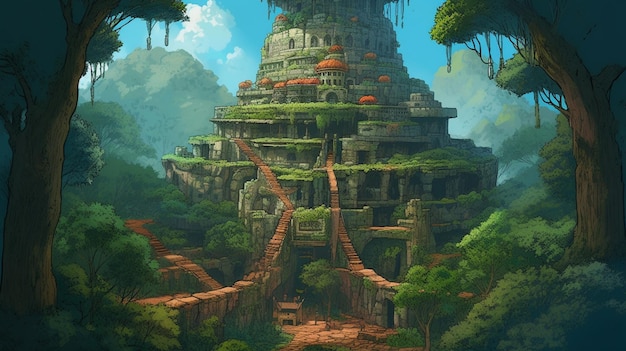 A digital painting of a temple in the jungle.