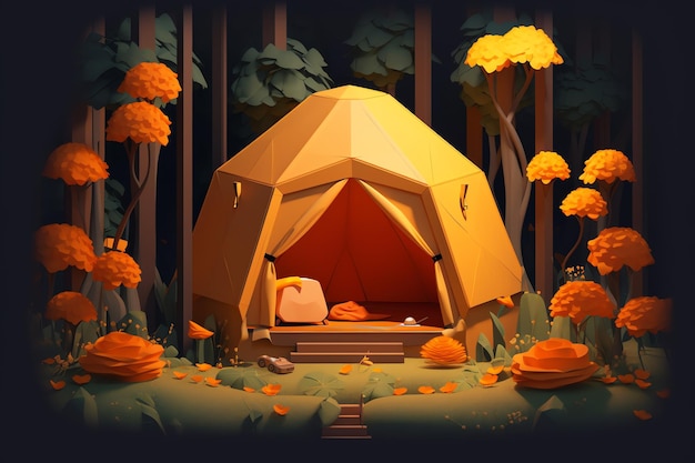 A digital painting of a tent in a forest with yellow leaves.