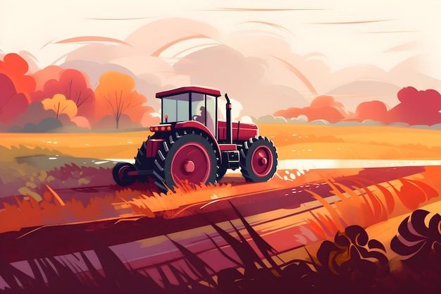 A digital painting of a tractor in a field with autumn trees in the background