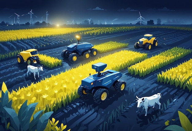 a digital painting of tractors and cattle in a field