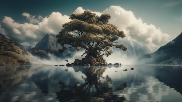 A digital painting of a tree on a lake with mountains in the background