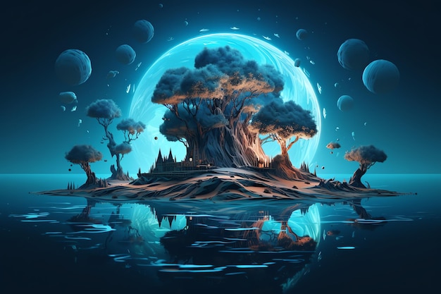 A digital painting of a tree on a small island with a moon behind it