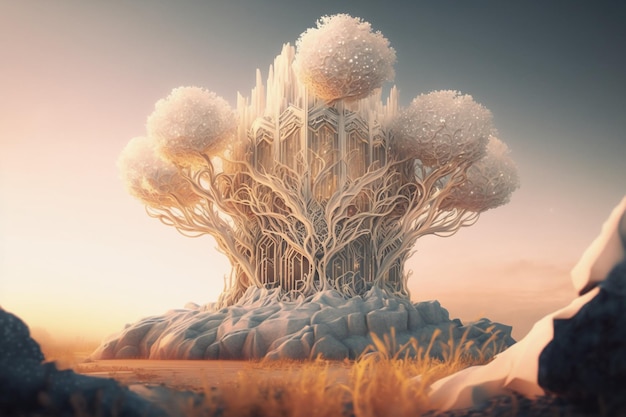 A digital painting of a tree with a castle on it