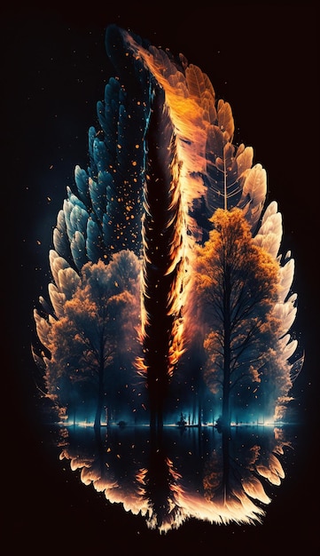 A digital painting of a tree with feathers and the word fire on it