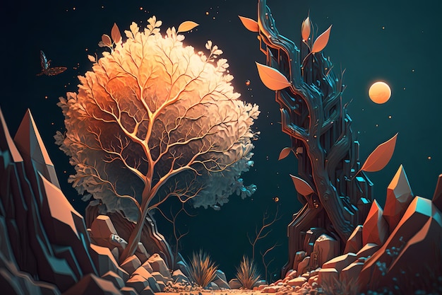 A digital painting of a tree with leaves on it