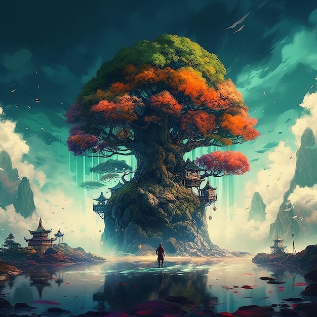 A digital painting of a tree with a person standing in front of it