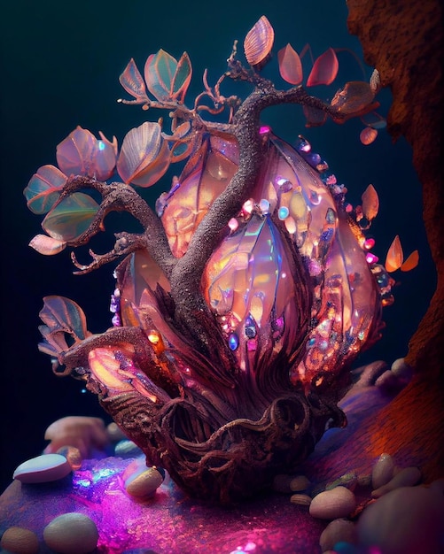 A digital painting of a tree with purple and pink lights