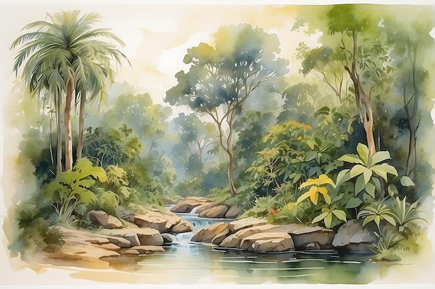 Digital painting of a tropical jungle scene Watercolor botanical illustration