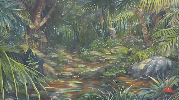 Digital painting of a tropical jungle scene Watercolor botanical illustration