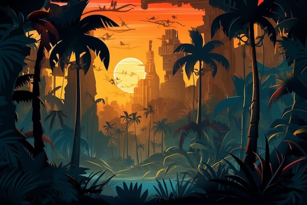 A digital painting of a tropical landscape with palm trees and a sunset in the background.