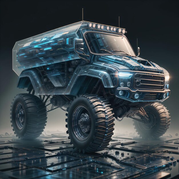 A digital painting of a truck with a blue and silver paint.