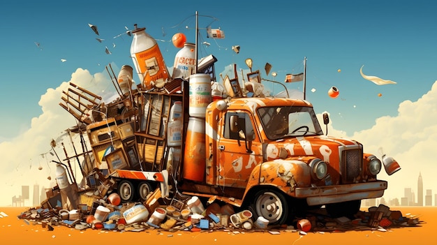 a digital painting of a truck with a lot of bottles on it