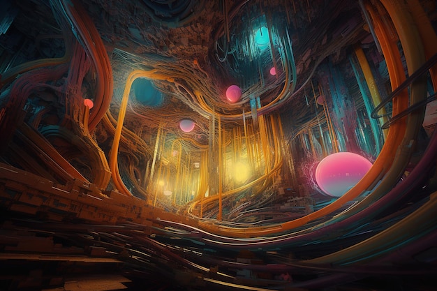 A digital painting of a tunnel with colorful balls on it.