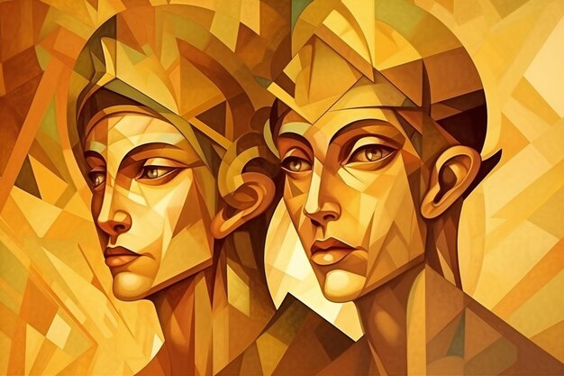 Digital painting of two egyptian gods on a polygonal background