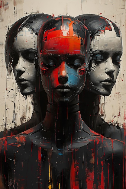 Digital painting of two female cyborgs with red and black paint