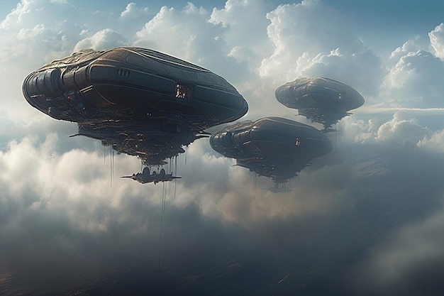 A digital painting of two flying ships in the clouds.