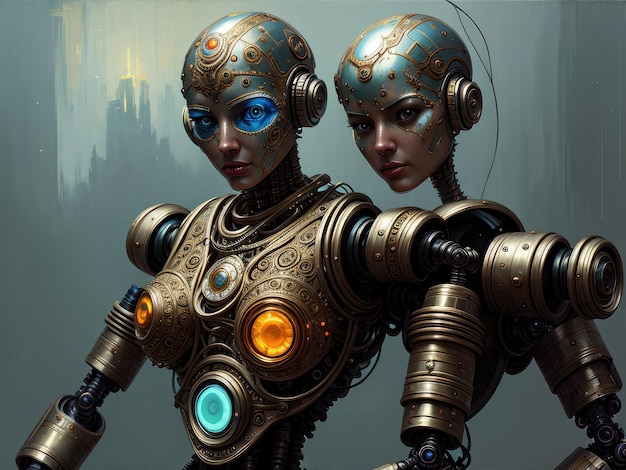 A digital painting of two robots with the word robot on the front.