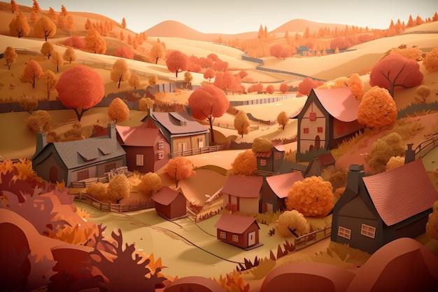 A digital painting of a village in autumn.