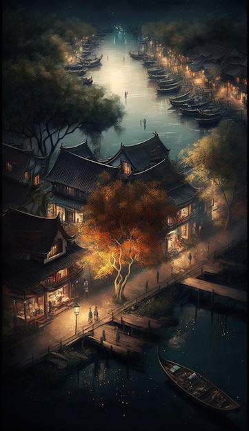 A digital painting of a village by the river.