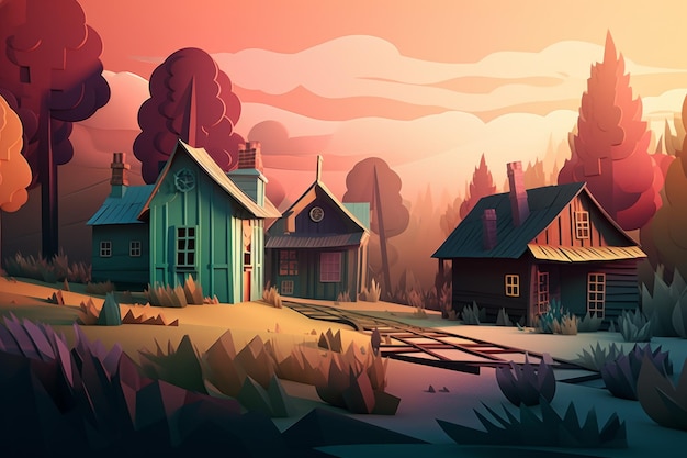 A digital painting of a village with a forest in the background.