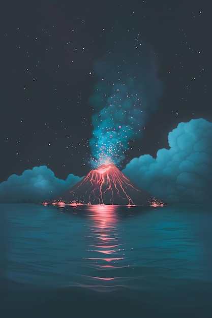 a digital painting of a volcano with a red light on it